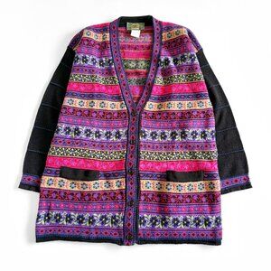 Vintage Quadro, Wool Blend Italian Cardigan / Neon Floral Fair Isles